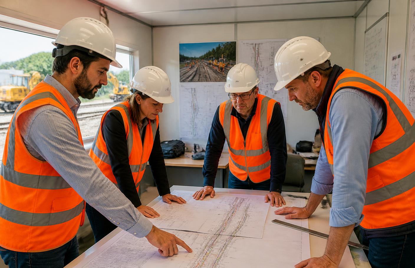 Equipe de engenharia analisando projetos ferroviários