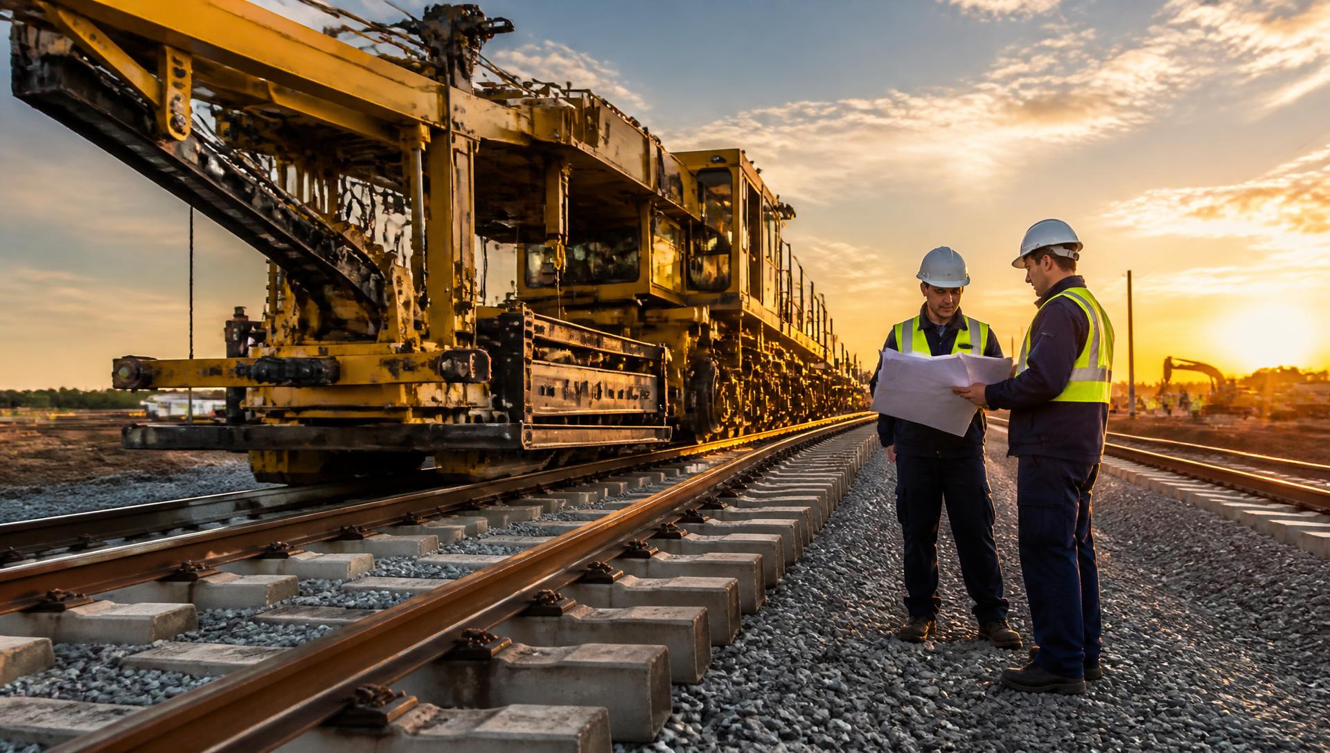 Equipe de engenharia em obra ferroviária ao entardecer
