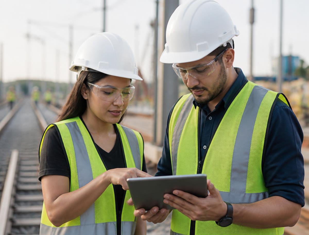 Jovens engenheiros em campo analisando dados em um tablet